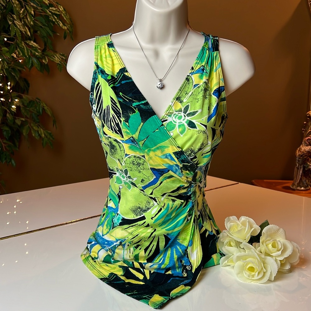 🌴CACHE FLORAL TROPICAL V NECK RUCHED SIDE TOP SIZE SMALL🌺🌴